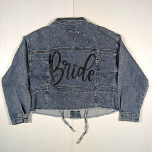 Maurices Women’s S Blue Denim Jean Jacket – Pearl Studded Bride Script Cropped